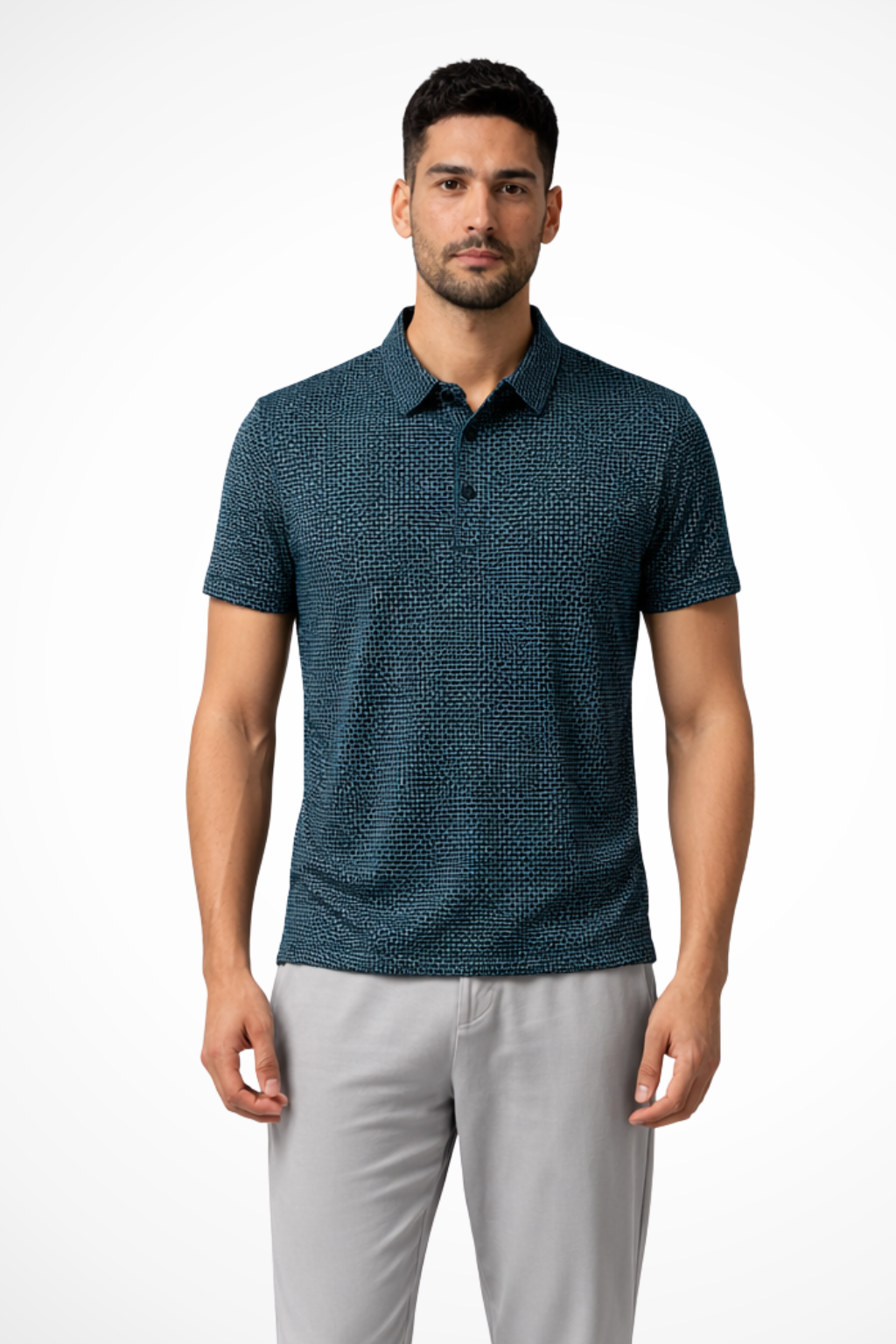 Versatile men's waffle knit polo, short sleeve, great for formal or casual smart fashion.