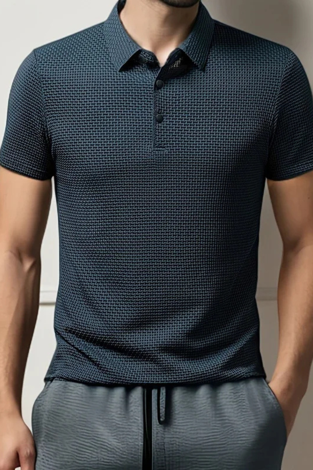 Everyday men's short sleeve polo shirt in a modern waffle knit design, perfect for smart casual.