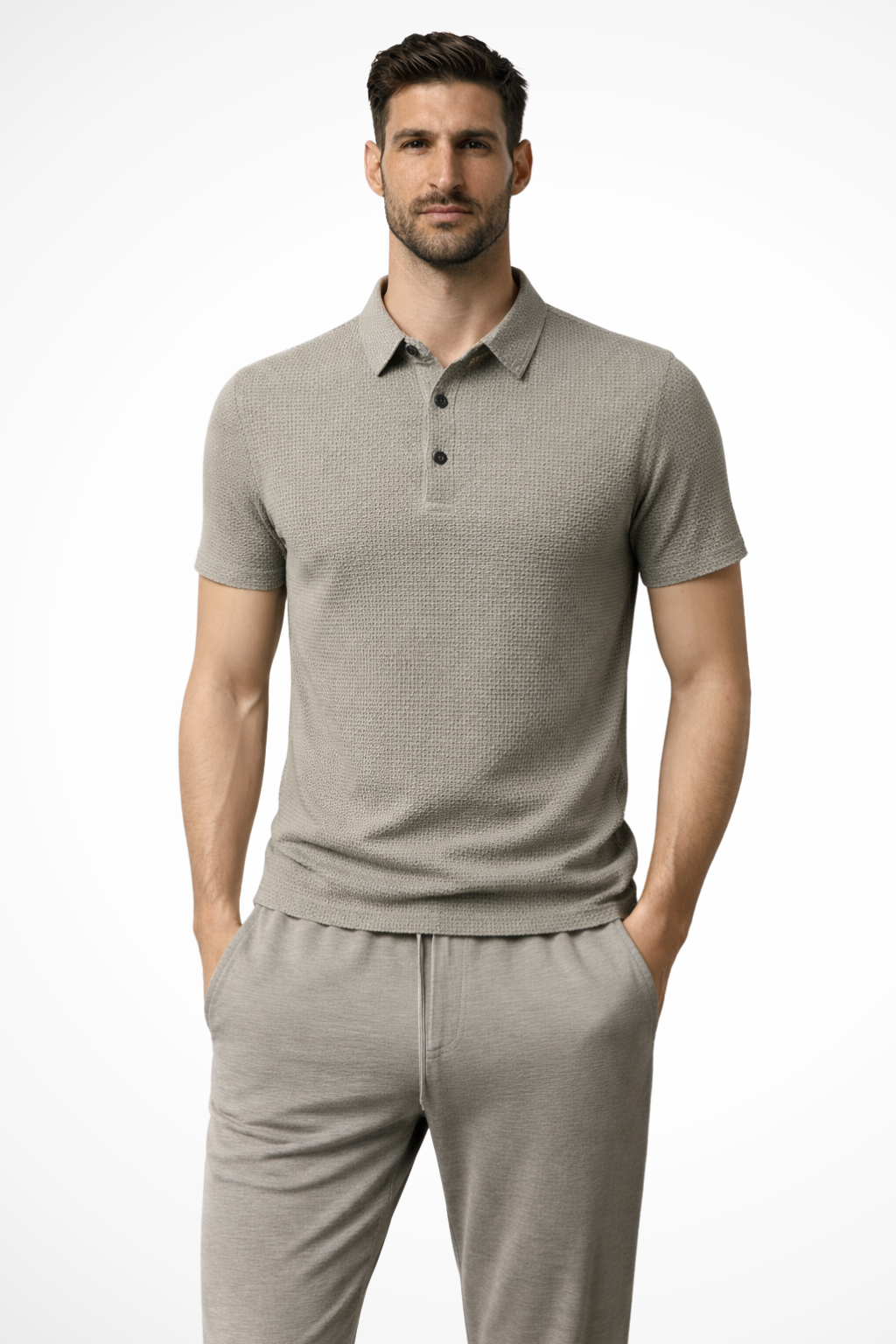 Smart casual men's polo, short sleeve, featuring a breathable waffle knit for comfort and style.