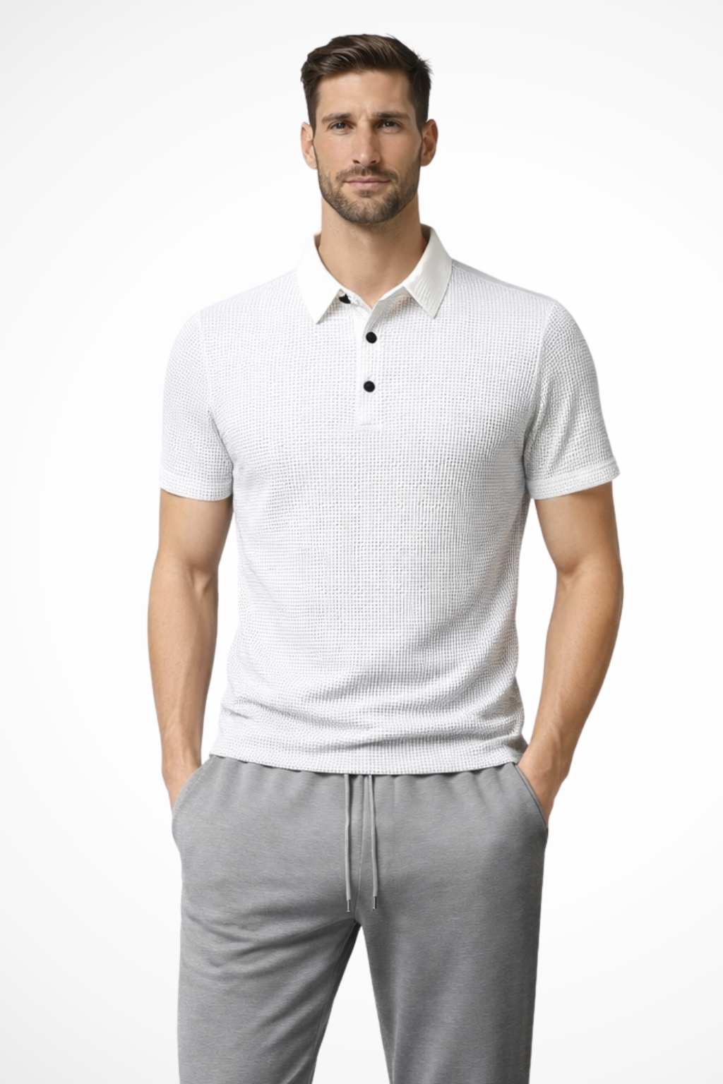 Textured men's short sleeve polo shirt with waffle knit, a collared top for smart casual occasions.