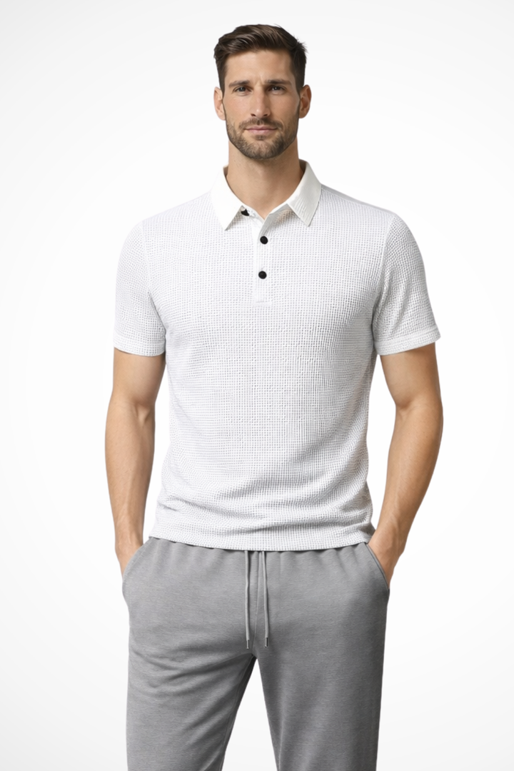 Textured men's short sleeve polo shirt with waffle knit, a collared top for smart casual occasions.