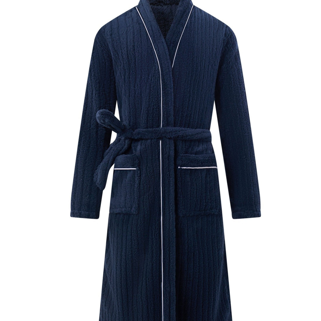Luxuriously soft men's fleece winter comfort robe, perfect loungewear for chilly mornings.