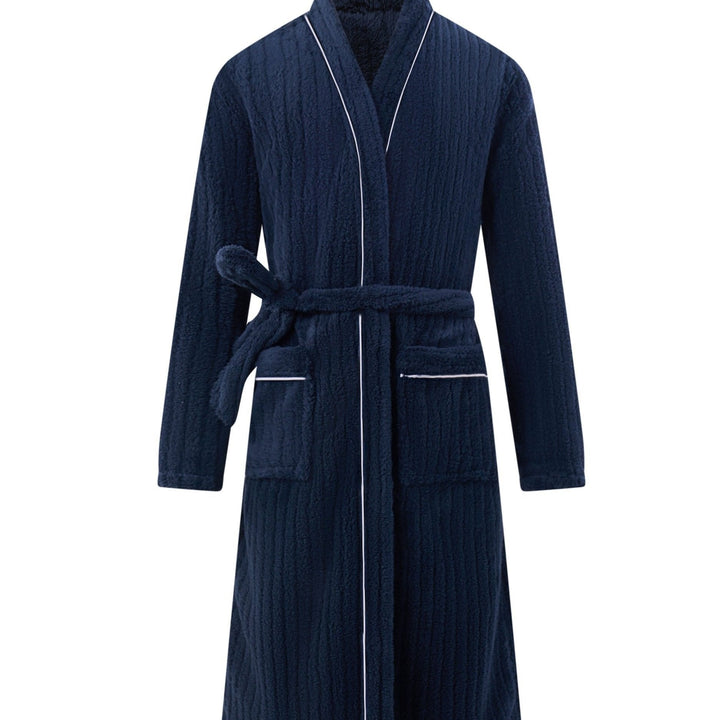 Luxuriously soft men's fleece winter comfort robe, perfect loungewear for chilly mornings.
