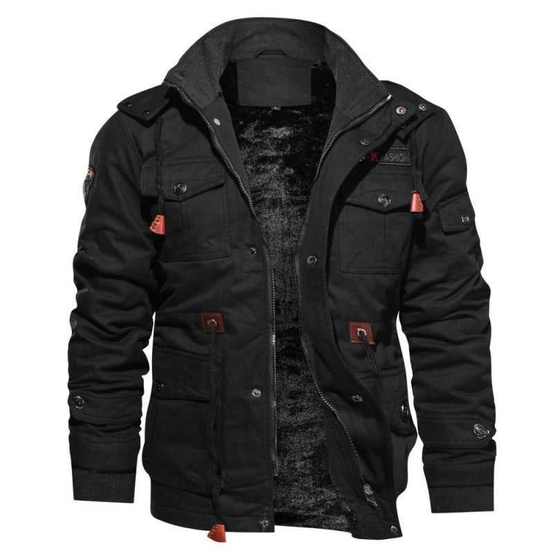 Men's warm fleece winter jacket with high collar, zipper, and side pockets; ideal for cold weather outdoor wear.