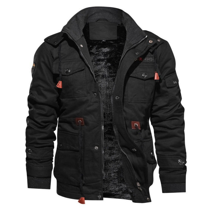 Men's warm fleece winter jacket with high collar, zipper, and side pockets; ideal for cold weather outdoor wear.