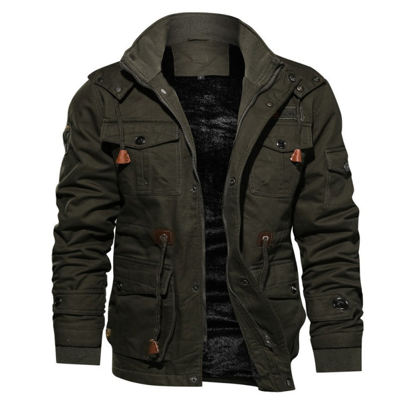Waterproof men's casual fleece winter coat, featuring a high collar and functional pockets, for durable warmth.