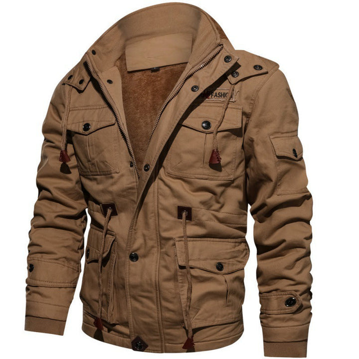 Stylish men's warm outdoor fleece jacket in blue with a high neck and spacious pockets, perfect for winter fashion.