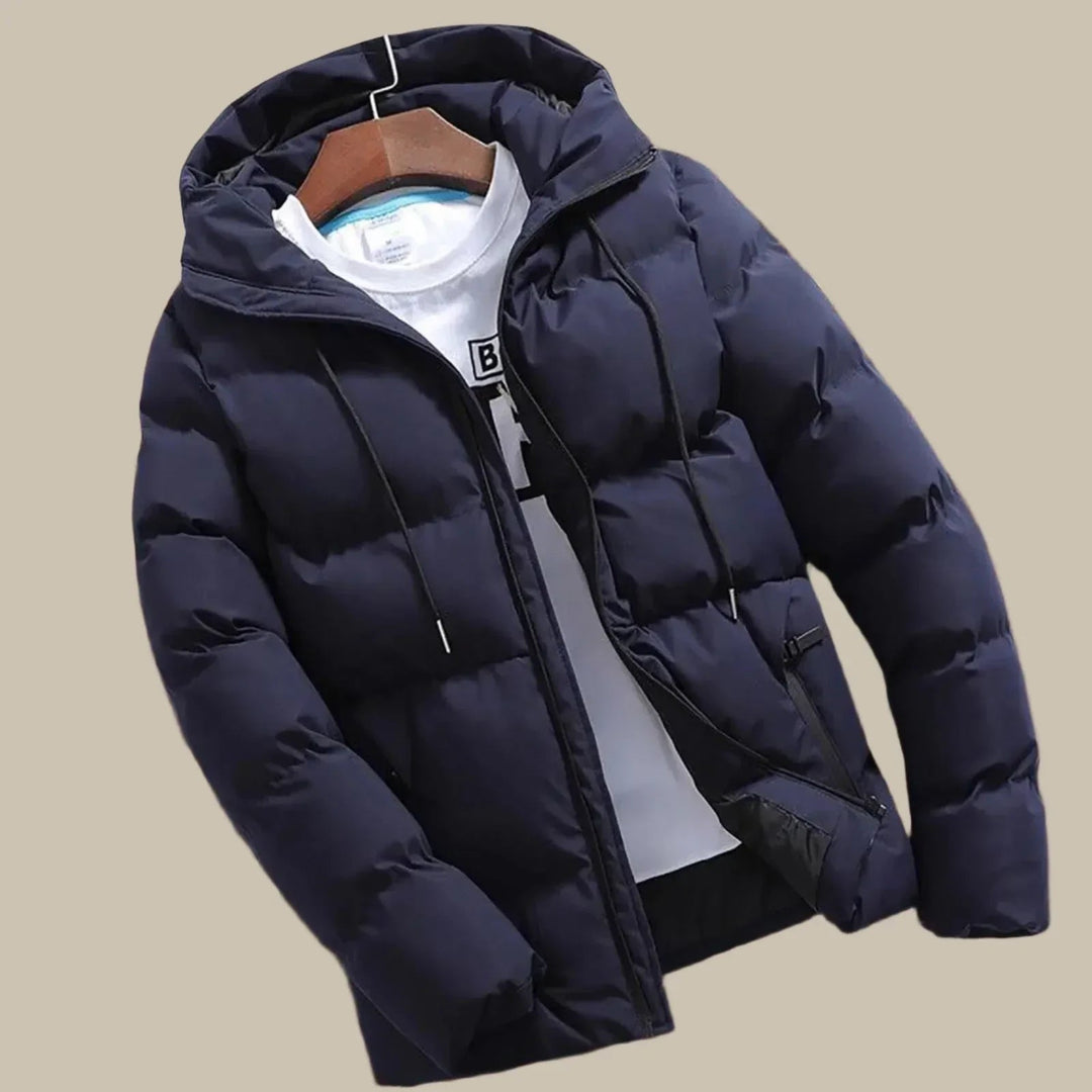 Men's warm hooded puffer jacket, perfect for winter comfort & cold weather. Stylish zip-up outerwear.