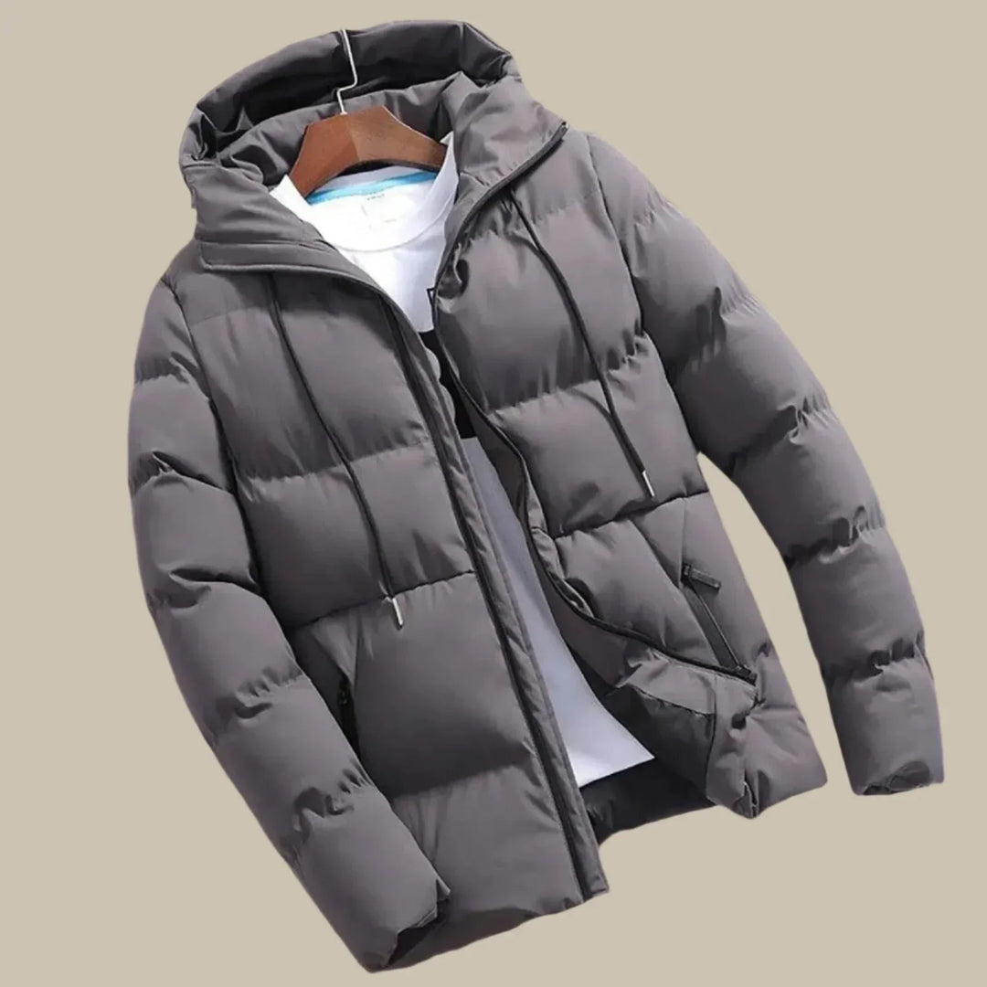 Stylish men's puffer jacket with hood for casual everyday wear. Warm outdoor winter coat.