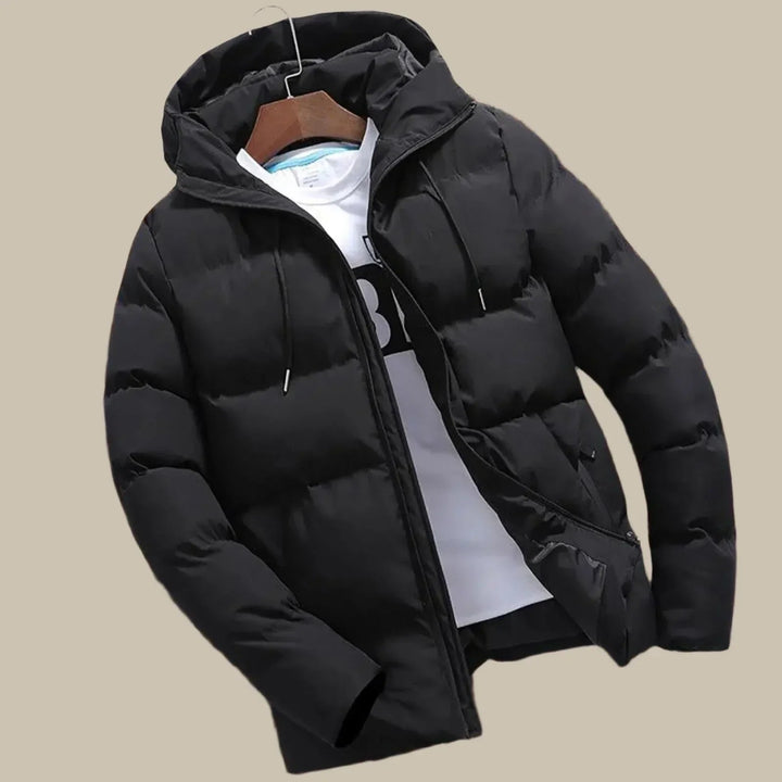 Zip-up men's hooded puffer coat, ideal for cold weather & winter activities. Warm & comfortable outerwear.