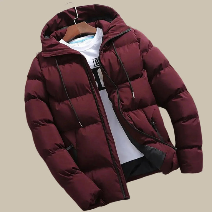 Men's fashion winter jacket, a warm hooded puffer designed for ultimate comfort and style in cold weather.