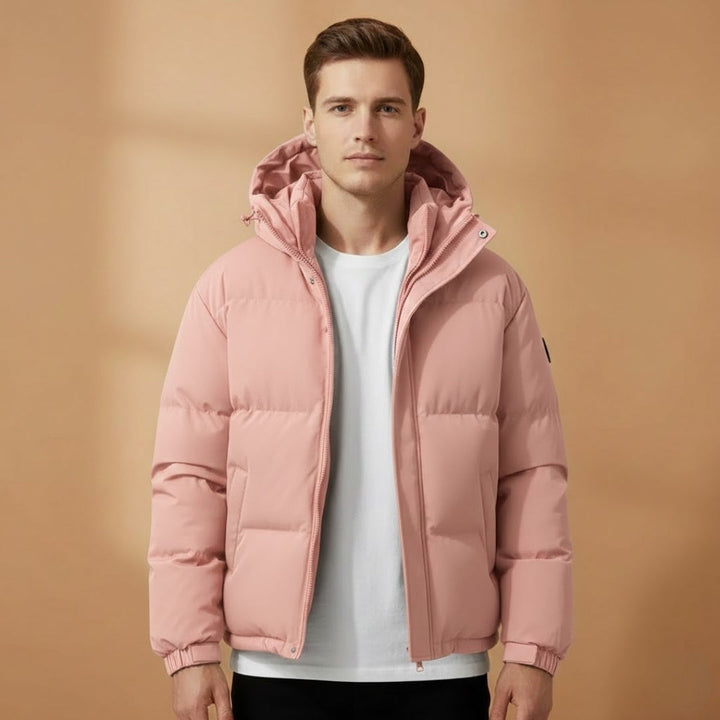 Comfortable men's casual hooded quilted jacket. Warm zip-up puffer outerwear, perfect for daily cold weather.
