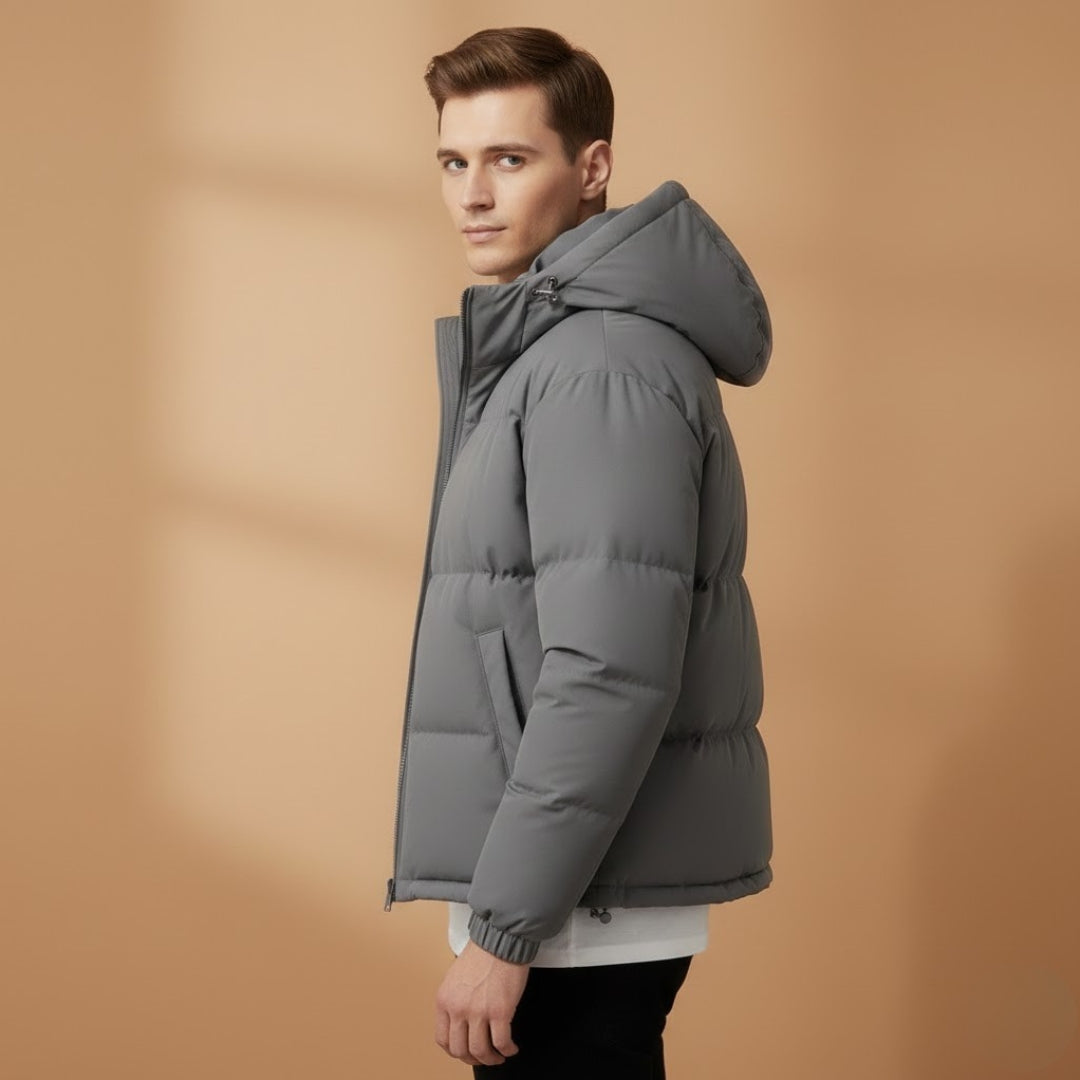 Lightweight men's hooded quilted jacket for versatile daily wear. Perfect warm puffer outerwear for winter.