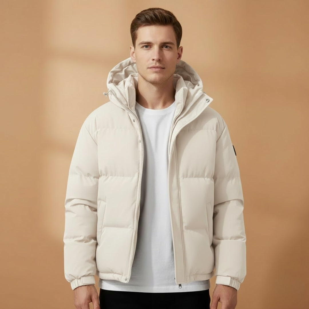 Front view of men's zip-up hooded quilted jacket. Warm & versatile puffer outerwear for winter casual wear.