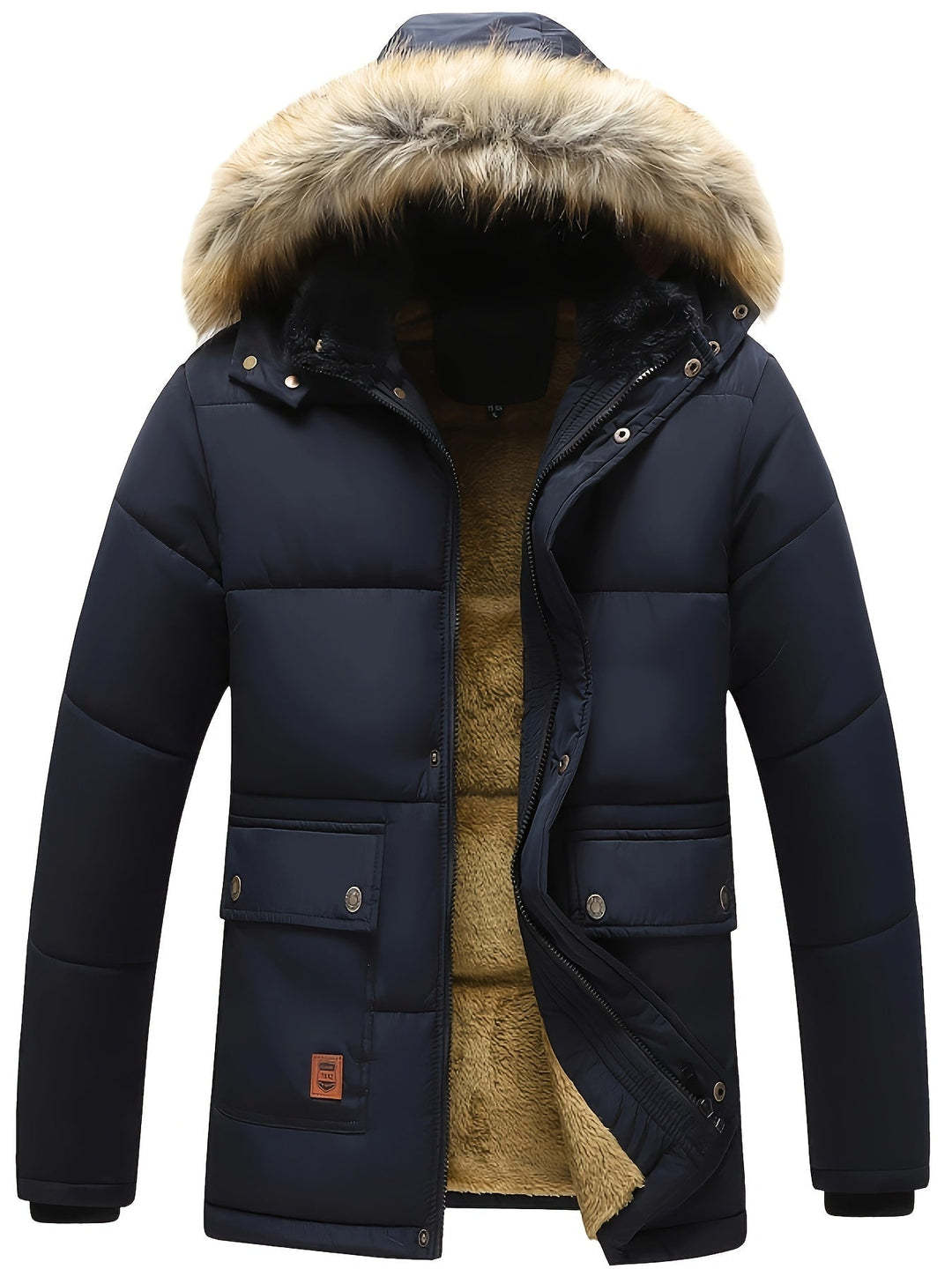Men's warm hooded quilted puffer jacket, perfect for cold winter weather & outdoor comfort.