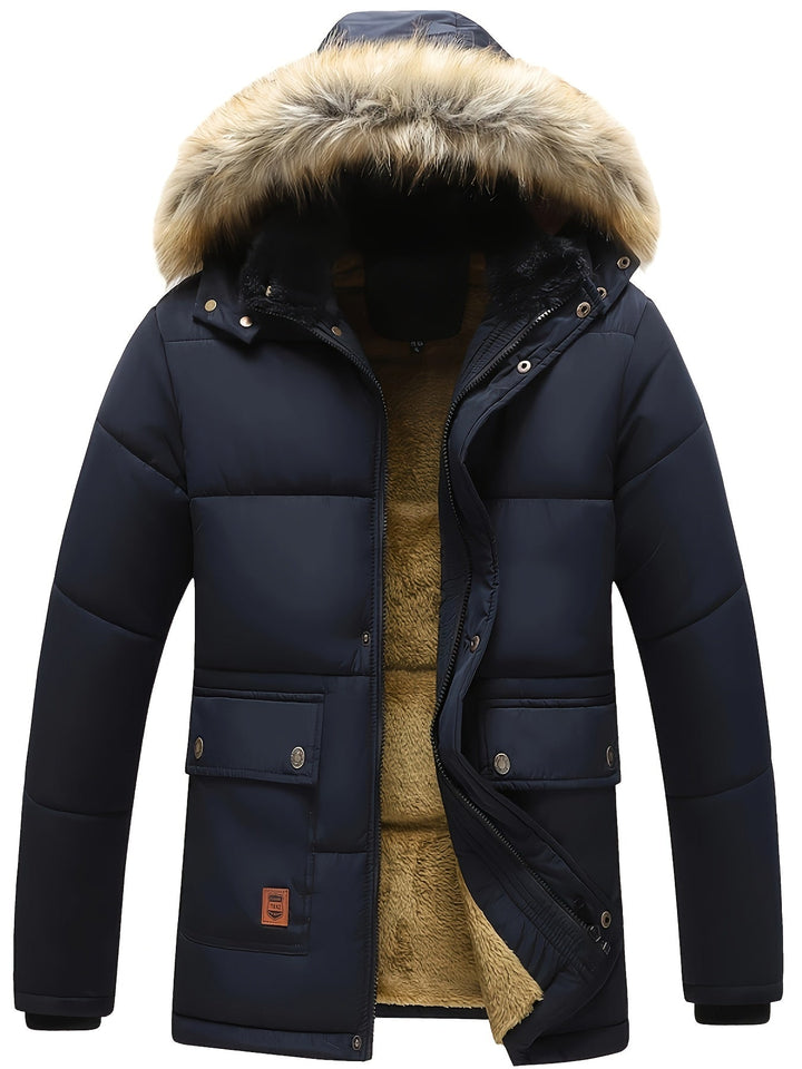 Men's warm hooded quilted puffer jacket, perfect for cold winter weather & outdoor comfort.