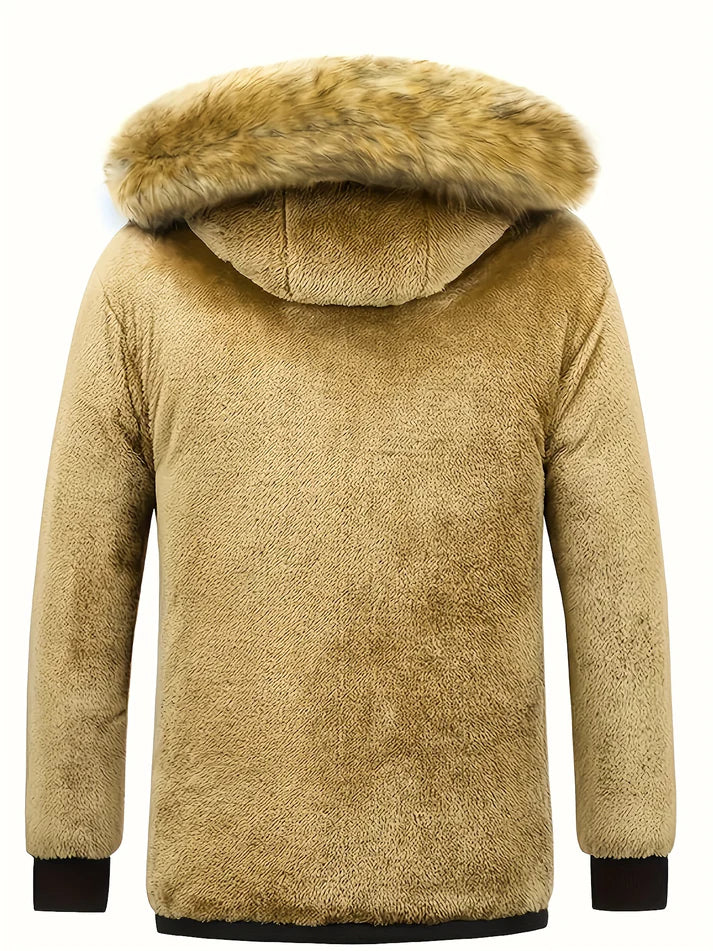 Men's warm hooded quilted puffer jacket for cold weather, featuring multi-pockets & comfort.