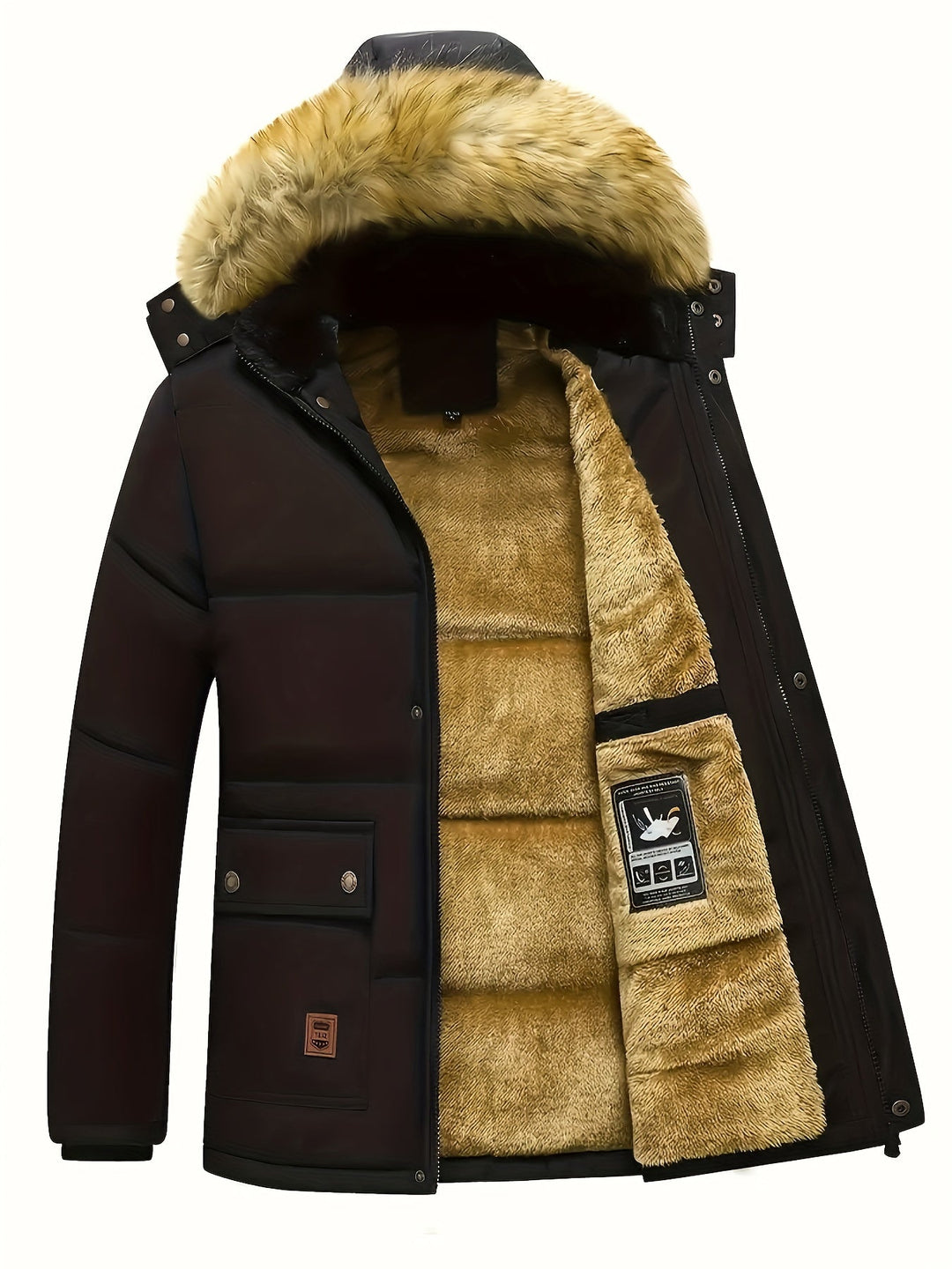 Stylish men's puffer jacket with faux-fur hood, quilted design for optimal winter warmth.
