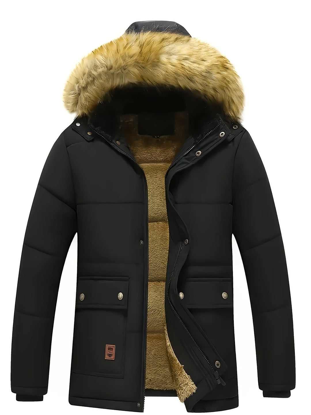 Outdoor men's winter jacket, warm & comfortable quilted puffer with a functional hood.