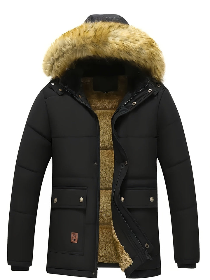 Outdoor men's winter jacket, warm & comfortable quilted puffer with a functional hood.