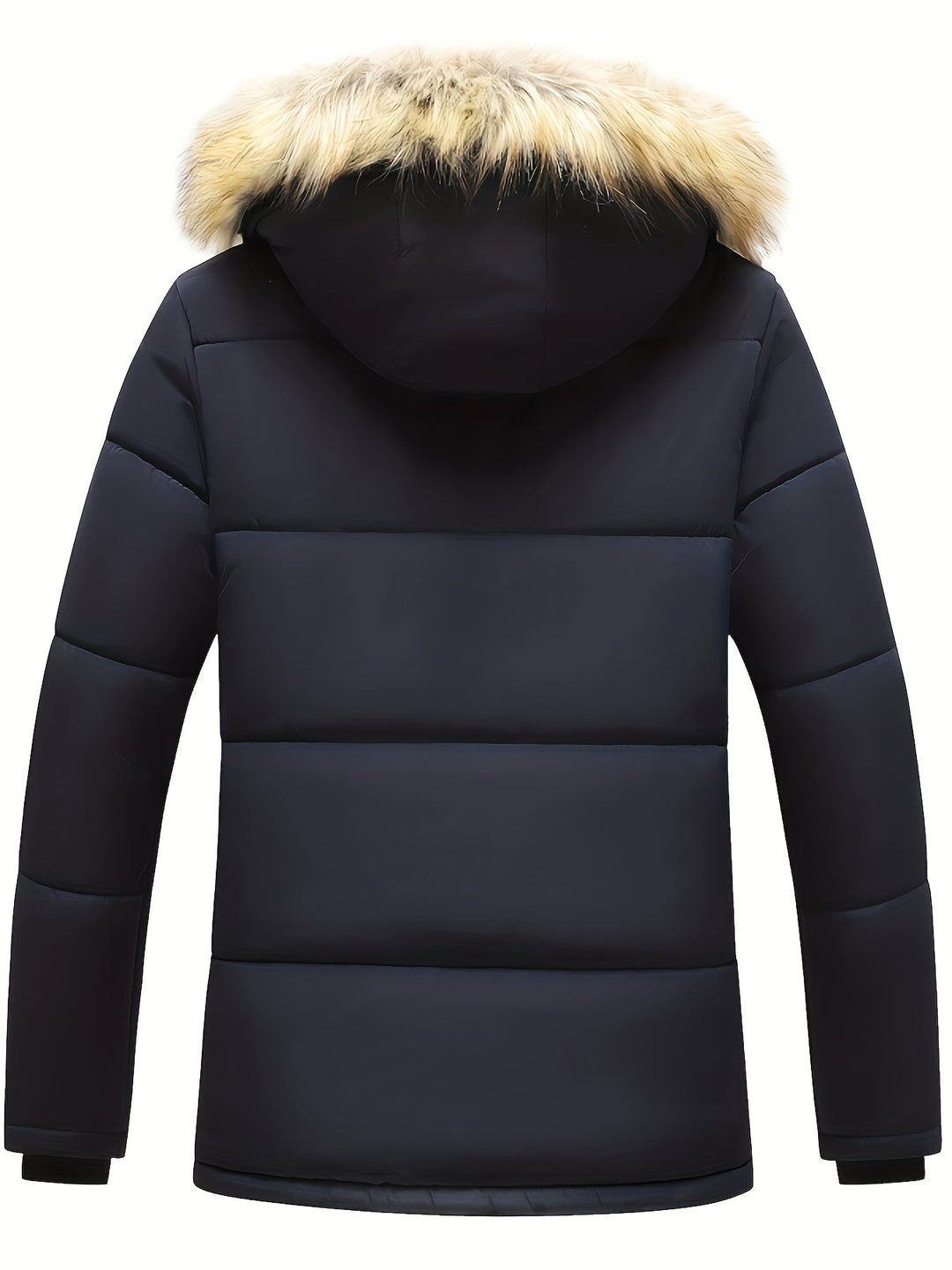 Multi-pocket men's hooded puffer jacket, quilted & warm for cold weather outdoor adventures.
