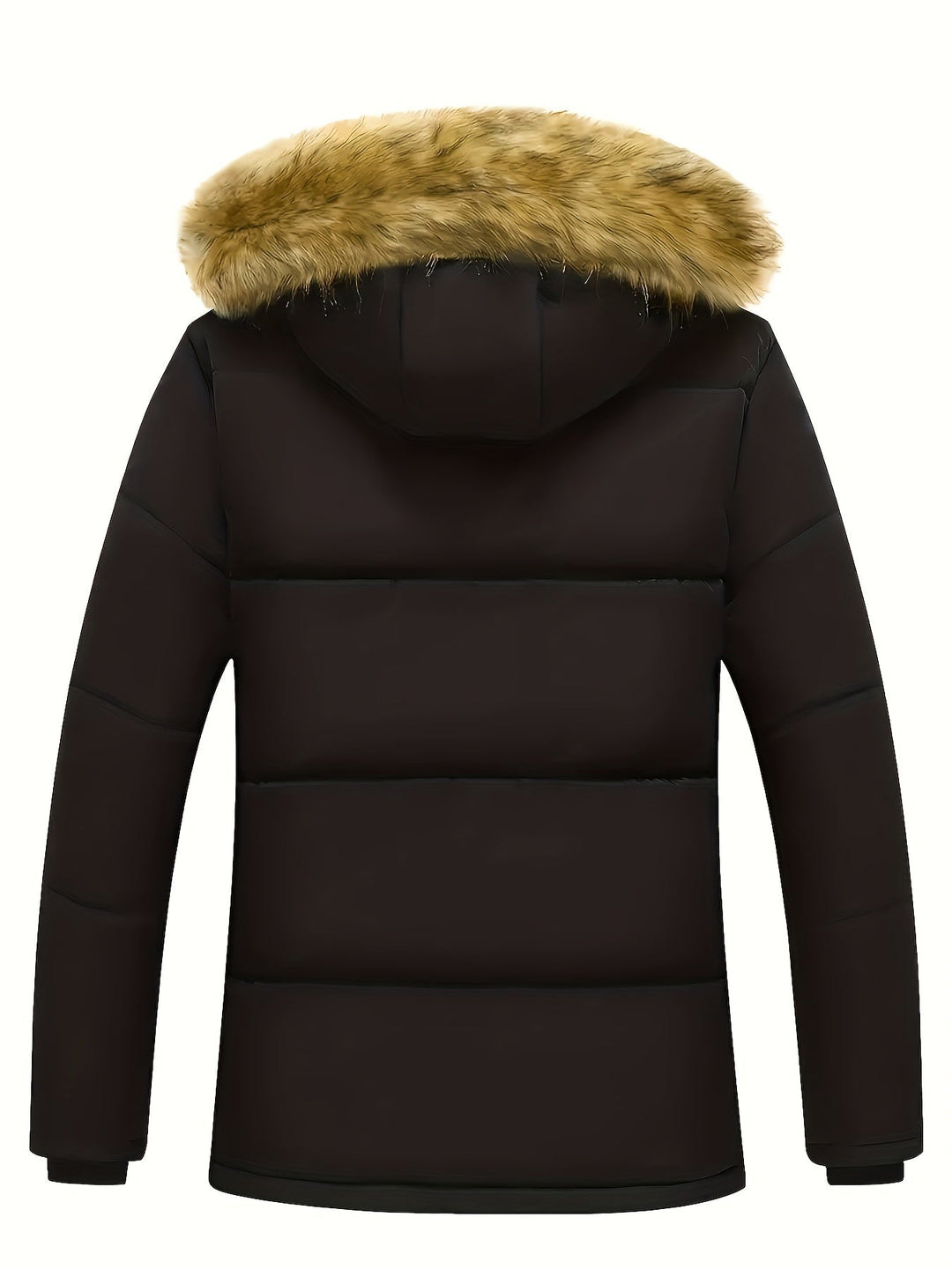Warm men's quilted puffer jacket with a stylish faux fur-lined hood, ideal for winter comfort.