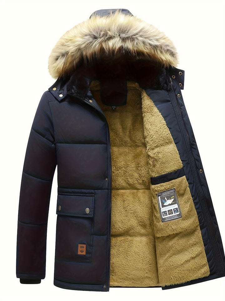 Comfortable men's hooded puffer jacket, quilted & warm for outdoor winter wear in cold weather.