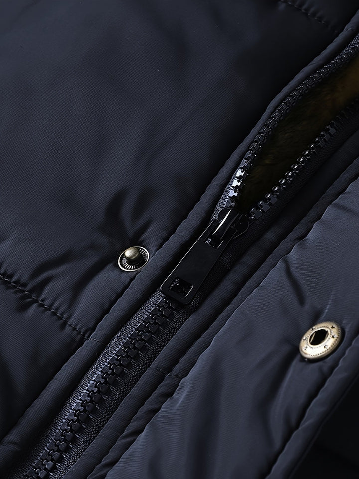 Stylish men's hooded puffer jacket, quilted, warm & comfortable for winter outdoor adventures.