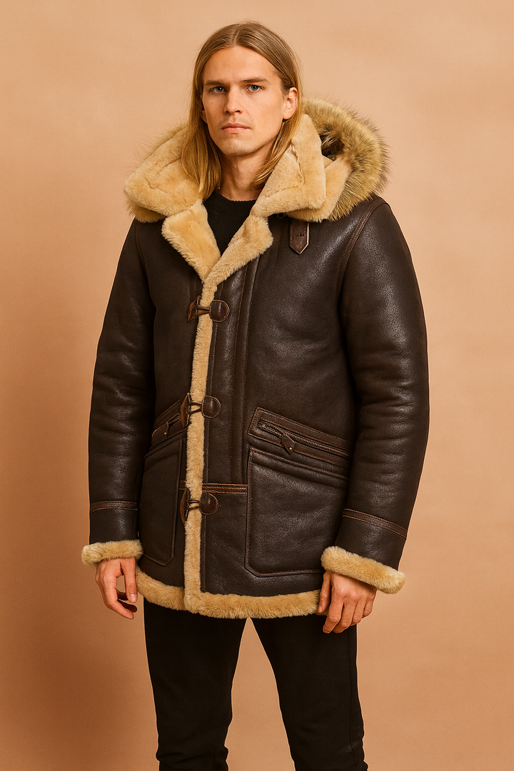 Men's warm hooded winter jacket for cold weather, durable and stylish brown outerwear.