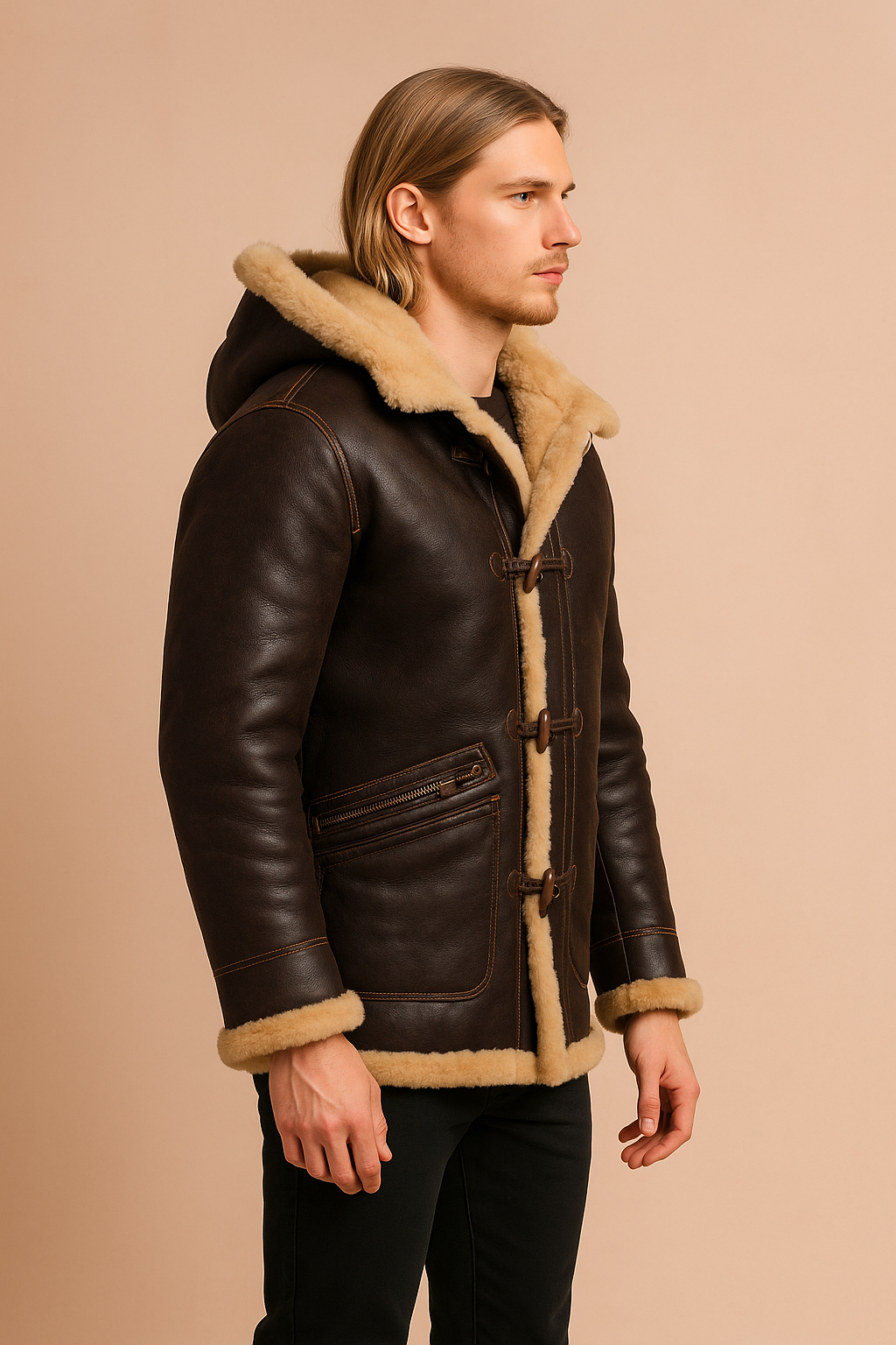 Cozy men's brown hooded winter coat, functional and casual for cold weather fashion.