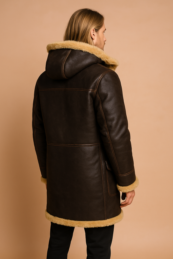 Brown men's warm hooded winter jacket, ideal cold weather outerwear for casual and stylish fashion.