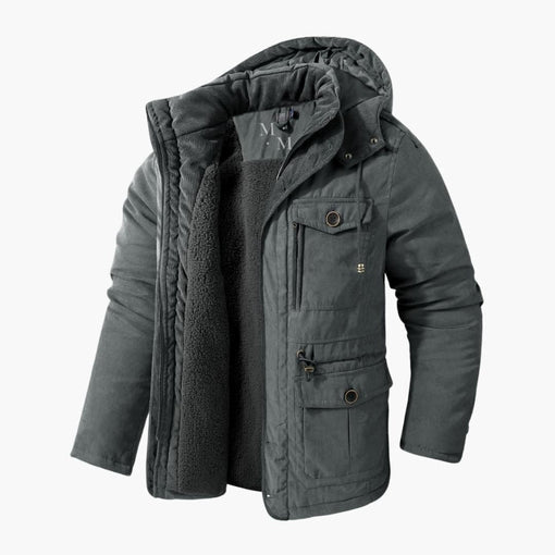 Men's warm hooded winter jacket, perfect for everyday cold weather outerwear. Features a cozy hood & zippered front.