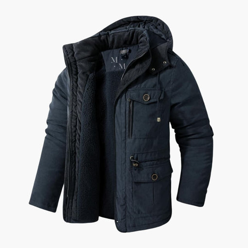 Casual men's winter coat with a protective hood, ideal for everyday layering. A warm, zippered cold-weather jacket.