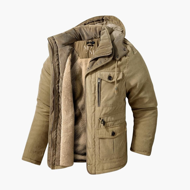 Stylish men's hooded winter jacket for cold weather. A versatile, warm everyday outerwear coat with a durable zipper.