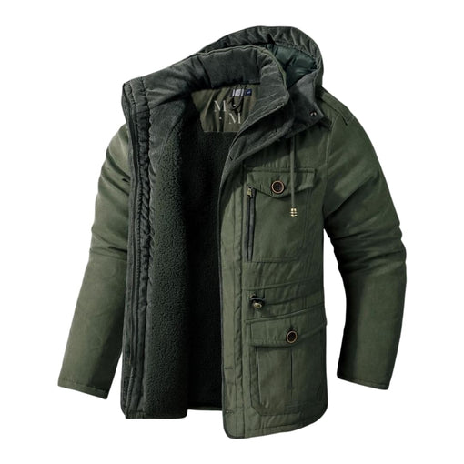 Comfortable men's warm winter jacket with a hood, designed as essential everyday cold weather outerwear. Zippered.