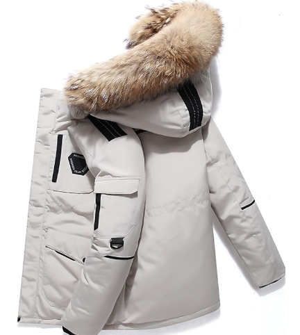 Men's warm hooded winter parka jacket for extreme cold weather. Insulated, durable outerwear for outdoor activities.
