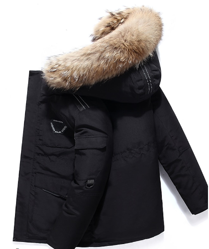 Stylish men's casual hooded winter parka. Insulated and warm, perfect for everyday wear in cold weather.