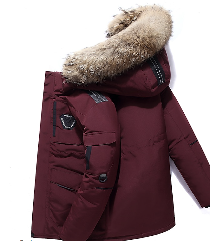 Rugged men's winter parka with hood. Provides ultimate warmth & protection against cold, ideal for outdoor adventures.