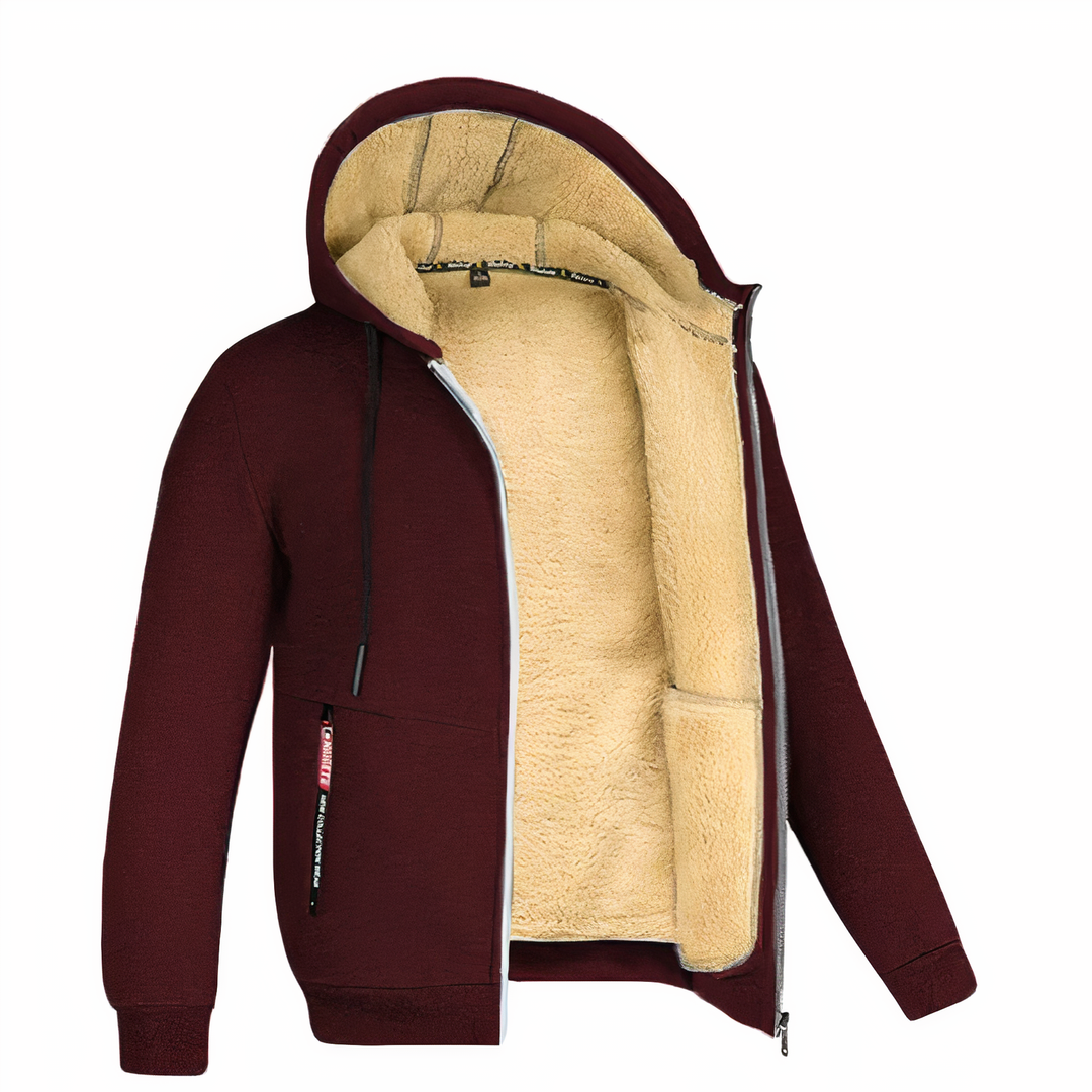 Men's warm hooded zip-up jacket for winter comfort. Casual outerwear, perfect for cold weather everyday wear.