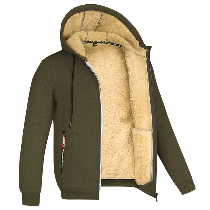 Stylish men's hooded zip-up winter jacket. Warm outerwear for cold weather, a fashion essential for daily comfort.