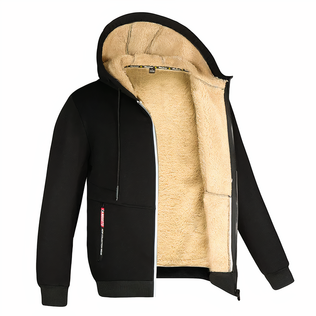 Cozy men's casual hooded jacket, a warm zip-up for winter. Ideal everyday outerwear for cold weather comfort.