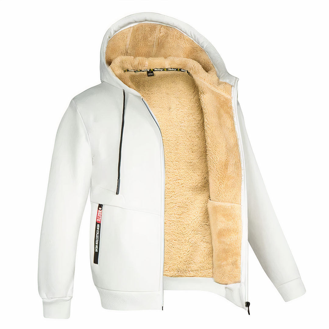 Versatile men's warm hooded zip jacket. Durable winter outerwear for casual and everyday cold weather activities.