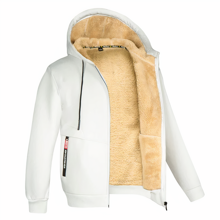 Versatile men's warm hooded zip jacket. Durable winter outerwear for casual and everyday cold weather activities.