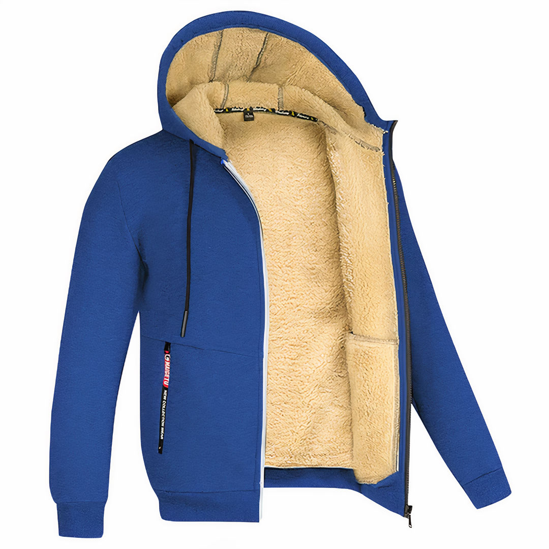 Front view of a comfortable men's warm hooded zip-up jacket, perfect winter outerwear for everyday cold weather.