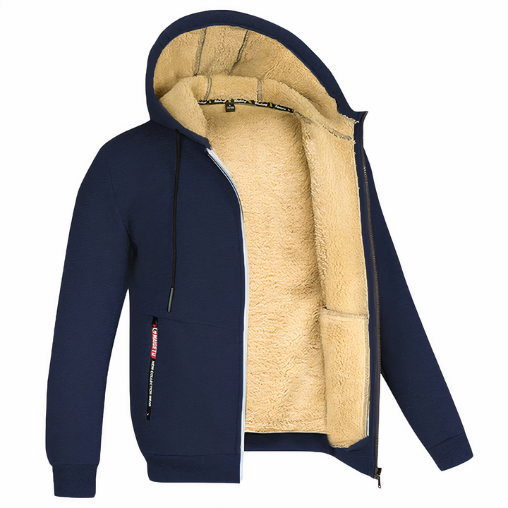 Back view of a men's warm hooded zip-up winter jacket. Practical outerwear for everyday cold weather comfort.