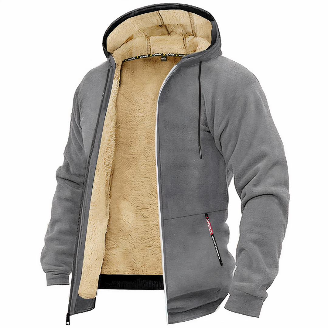 Close-up of a men's warm hooded winter jacket. Soft zip-up outerwear, a stylish choice for cold weather comfort.