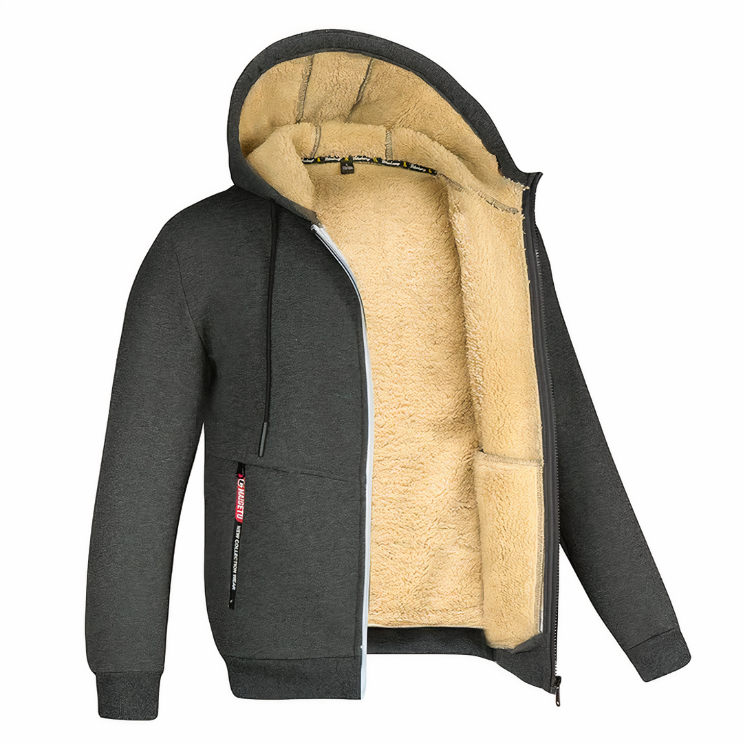 Men's warm hooded zip-up jacket for winter adventures. Reliable outerwear protecting from cold weather everyday.