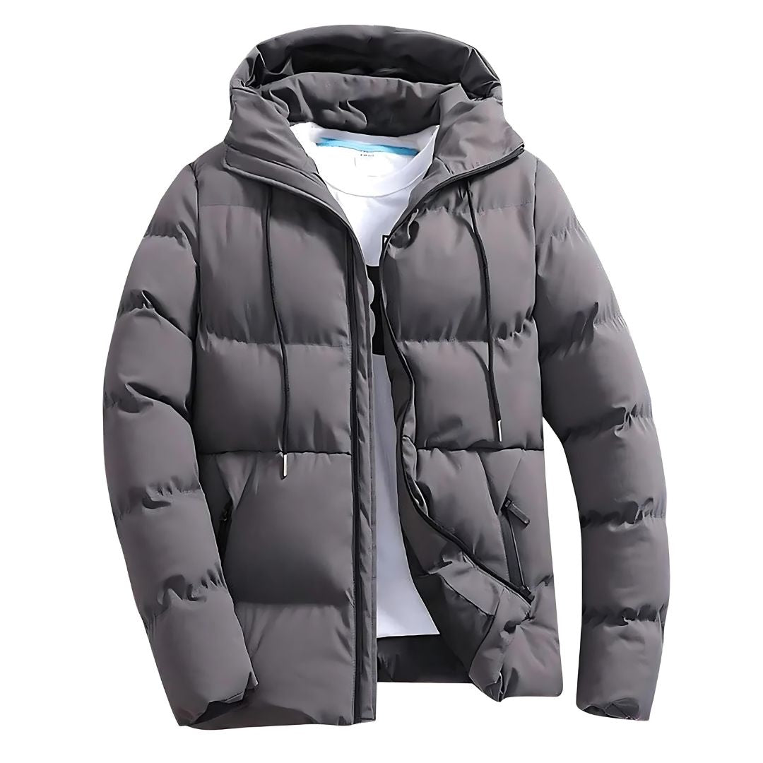 Front view of men's durable insulated winter parka with a warm hood
