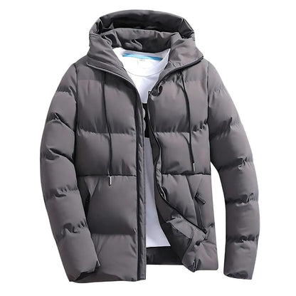 Front view of men's durable insulated winter parka with a warm hood
