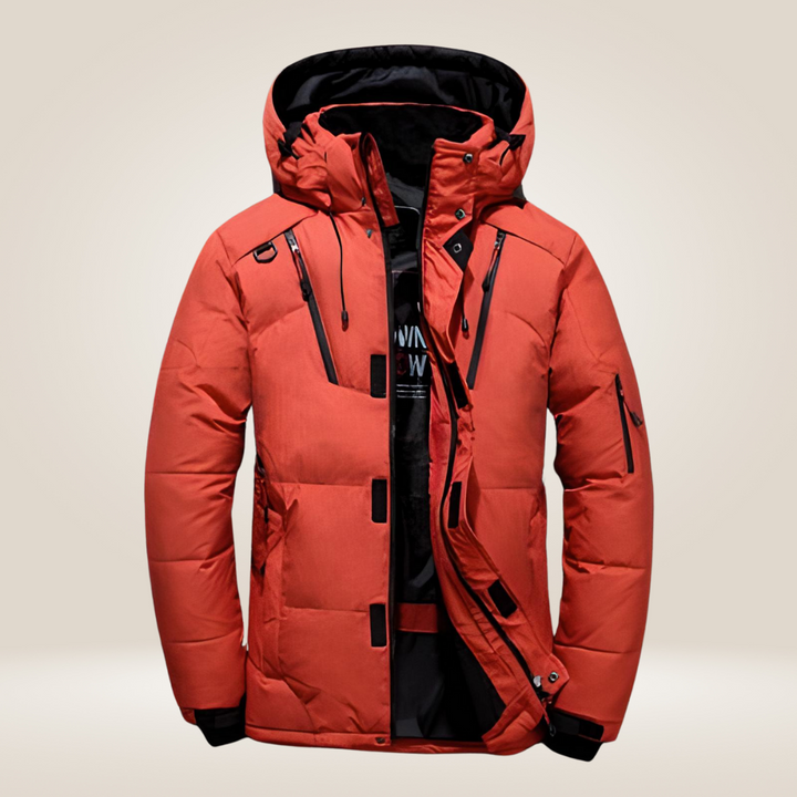 Men's warm insulated winter jacket, black, outdoor wear for cold weather, front view
